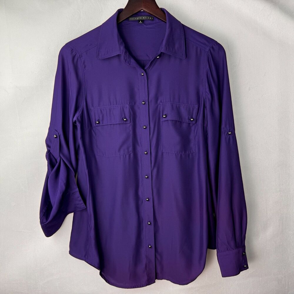 Antonio Melani Blouse Sz S Purple Button Up Collar Long Roll up Sleeves